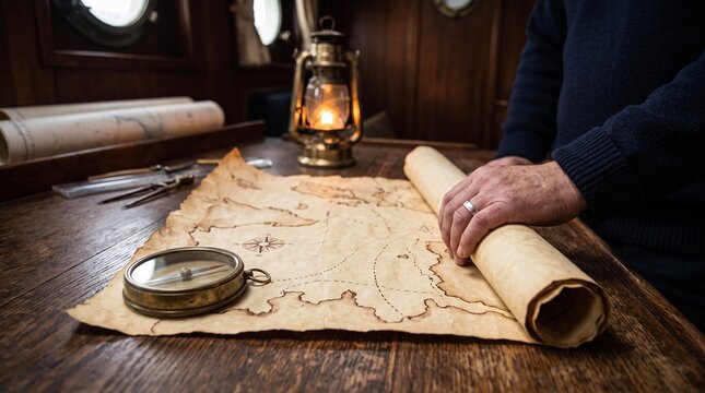 Close-up of navigator unrolling vintage nautical map on wooden desk with brass compass and oil lamp depicting maritime navigation, treasure hunt, and exploration