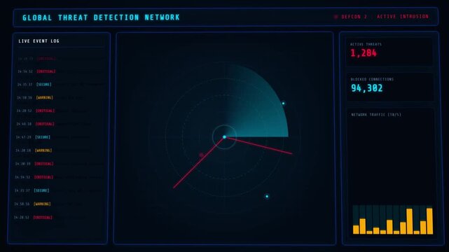 Cyber Security Interface Digital HUD with Global Threat Detection Radar and Data Logs 