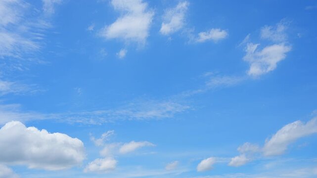 A blue sky cloud timelapse video showing scattered cumulus and delicate altocumulus clouds drifting through bright sunlight, capturing fresh air, atmospheric motion, and changing daytime weather.
