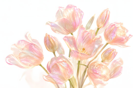 Pink crystal tulip bouquet with iridescent shimmer on bright high key white background