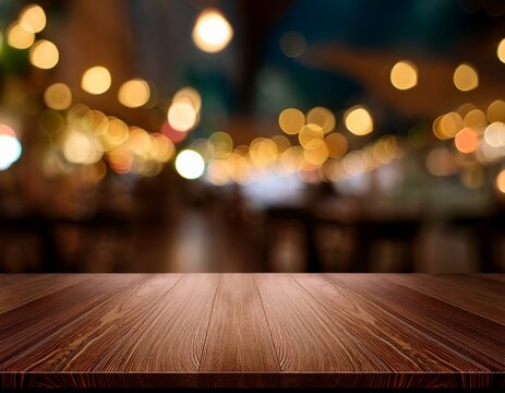 empty dark wooden table in front of abstract blurred bokeh background of restaurant can be used for display or montage your products mock up for space