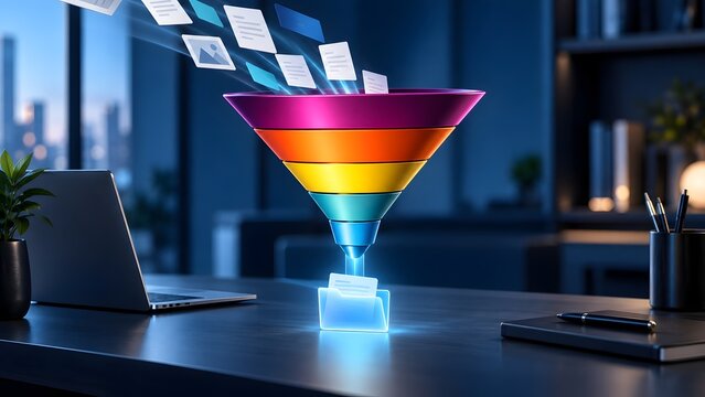 Digital document management concept with flying files entering a colorful 3d funnel representing data processing and organization on an office desk