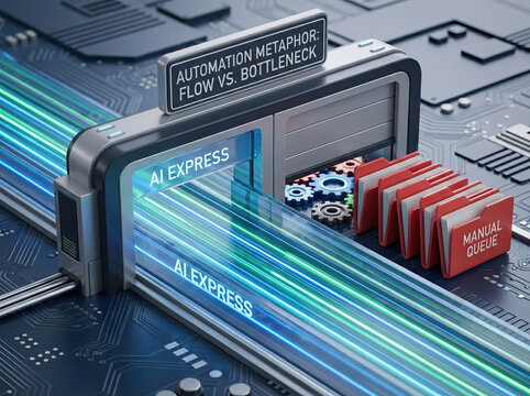 Artificial intelligence express entry gate workflow with glowing data stream and manual queue folders illustrating automation efficiency and bottleneck comparison futuristic digital processing
