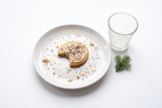A plate holds a Christmas cookie that has a bite taken out of it. Next to the cookie is a half empty glass. A sprig of pine adds a festive touch on the side