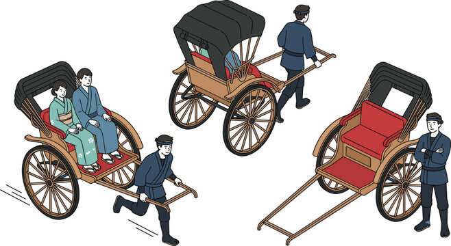 Vector isometric traditional Japanese rickshaw illustration set containing vintage jinrikisha passenger and runner vehicle transport collection
