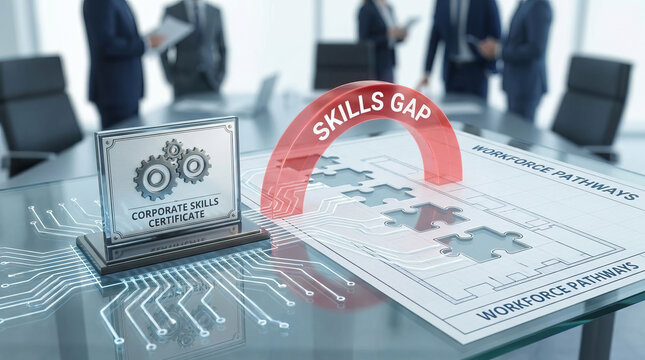 Corporate skills certificate beside skills gap diagram on modern office table, highlighting workforce planning, training strategy, and professional development needs
