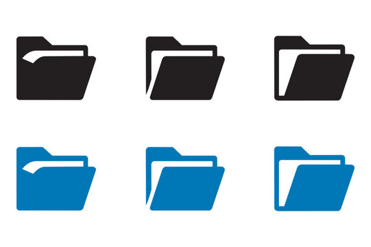 Functional digital file folder icons showing open tabs. Clean vector illustrations in flat black and bright blue colors suitable for web organization systems and storage designs.