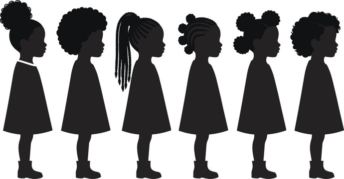Vector African American little girl avatar glyph icon set containing diverse black hair braids braids and buns silhouette collection