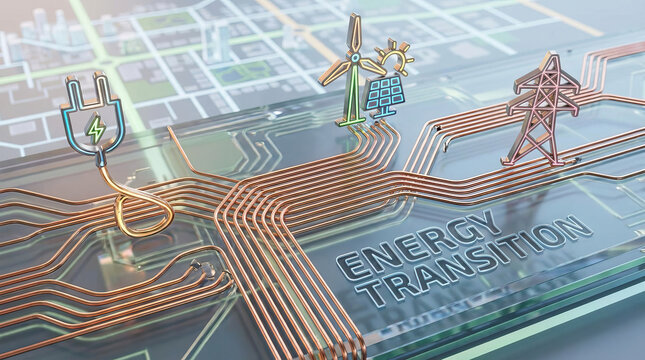 Extreme close up of copper wire forming energy transition network with renewable power symbols, electrical infrastructure, and urban planning map details