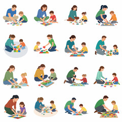 Fototapeta premium Collection of vector illustrations showing adults and toddlers engaging with educational activity boards, focusing on preschool learning, early development, and interactive teaching scenes.