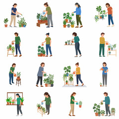 Fototapeta premium Set of flat vector illustrations showing parents and children playing together with toy building blocks, emphasizing early childhood development, family bonding, and creative learning activities.