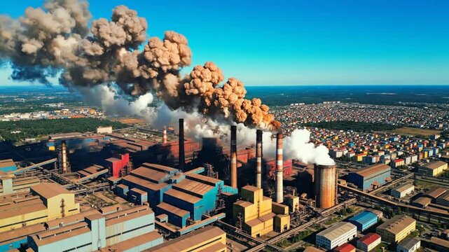 Industrial factory emitting thick smoke polluting the environment near a residential city under a clear blue sky