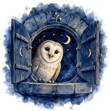 Barn Owl Hooting Softly Among Stars At Tower Window