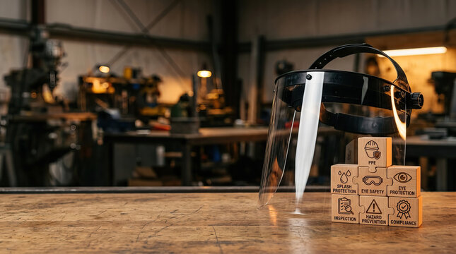 Protective face shield and wooden block on workshop table with industrial safety symbols, warm lighting, and blurred manufacturing background