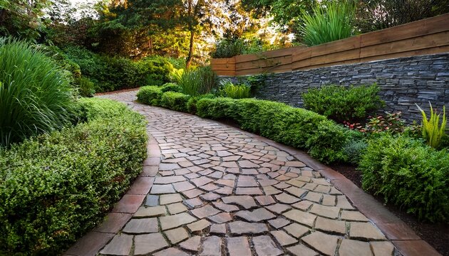 curved stone pathway through landscaped garden with stone retaining walls and lush plants