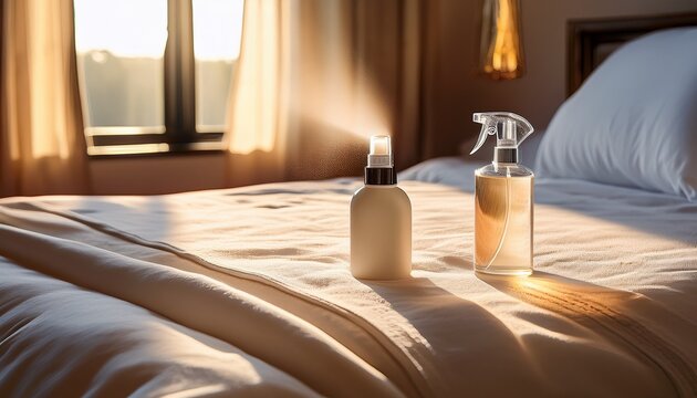 fresh start a spray bottle of linen mist rests on a freshly made bed bathed in warm sunlight promising a peaceful and inviting haven