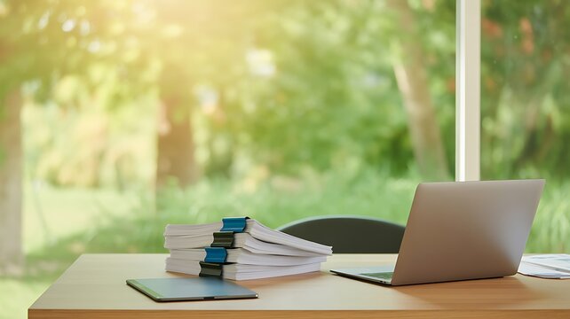 Bright modern office workspace with natural light on a wooden desk featuring a laptop stack of papers and a tablet with a garden background