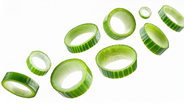 flying chopped scallion rings fresh green onion isolated background