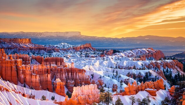 snow covered hoodoos in bryce canyon at sunrise with dramatic lighting