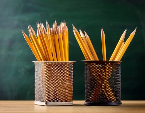 sharpened yellow pencils in a metal holder with classroom chalkboard backgroundmideal for education study and back to class