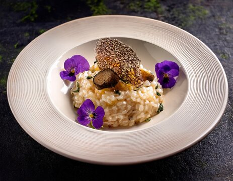 gourmet risotto dish with truffle and edible flowers close up