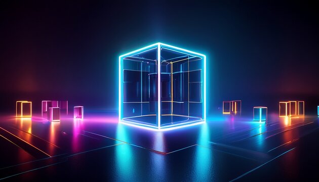 futuristic neon cube installation with glowing reflections