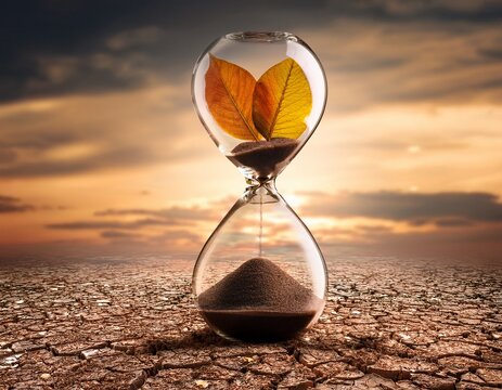 hourglass with leaves and dry soil symbolizing climate change