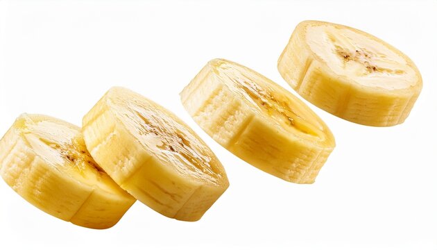 flying banana slices isolated on white background
