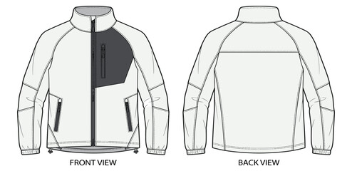 Men's Softshell Jacket Technical Flat Sketch Front and Back View Vector © Khademul