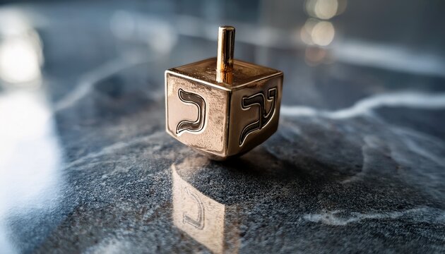 close up of a metal dreidel with hebrew letters resting on marble surface symbolizing hanukkah tradition and celebration