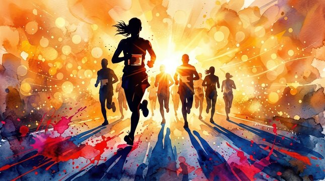 Group of runners racing in a marathon event with a bright golden sunset background and colorful light effects