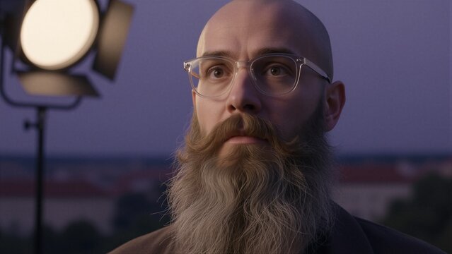 A middle-aged man with a thick beard and angular glasses poses against a soft purple twilight sky, illuminated by a studio light.