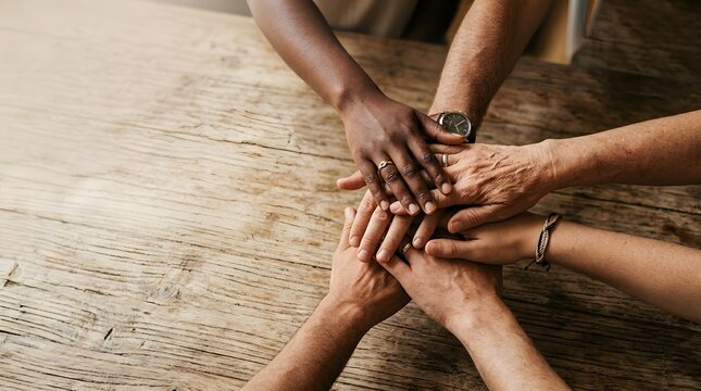 Diverse group of people stacking their hands together as a symbol of unity cooperation and team spirit