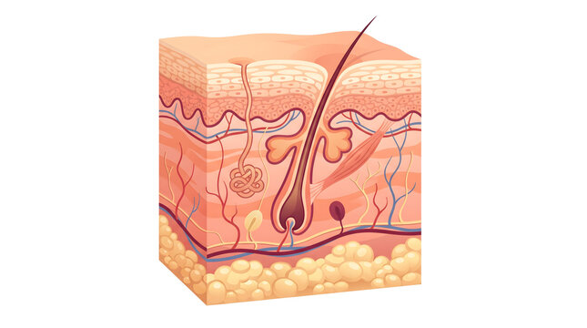 human skin layer anatomy medical diagram showing epidermis dermis hypodermis hair follicle sweat gland blood vessels and fat tissue in flat vector illustration style for educational textbook use
