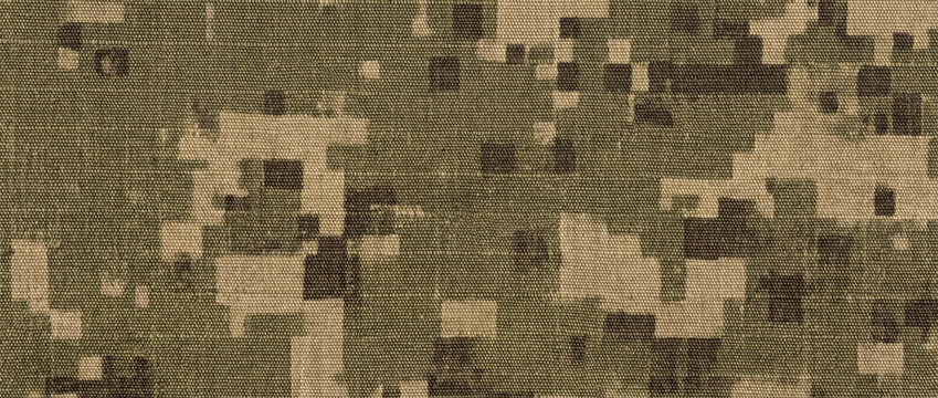 Green digital camouflage fabric texture. Military combat uniform pattern closeup background
