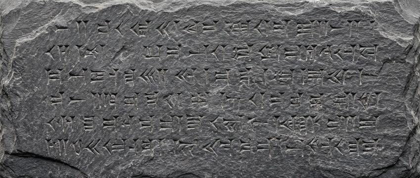 Slate tablet engraved ancient text. Cuneiform writing on old stone artifact background