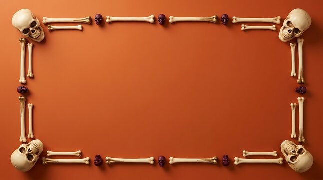 A Halloween border frame made of human skulls and bones arranged on a vibrant orange background, perfect for spooky holiday invitations
