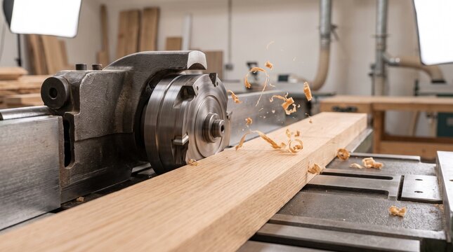 Heavy industrial jointer machine planing an oak wood plank with flying wood shavings in a workshop depicting professional woodworking and timber manufacturing