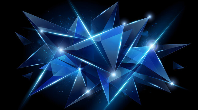 Blue crystal polygons glow brightly with lens flares against a dark background.