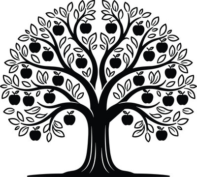  apple tree orchard detailed branch leaves fruit symbol black line art vector graphic illustration