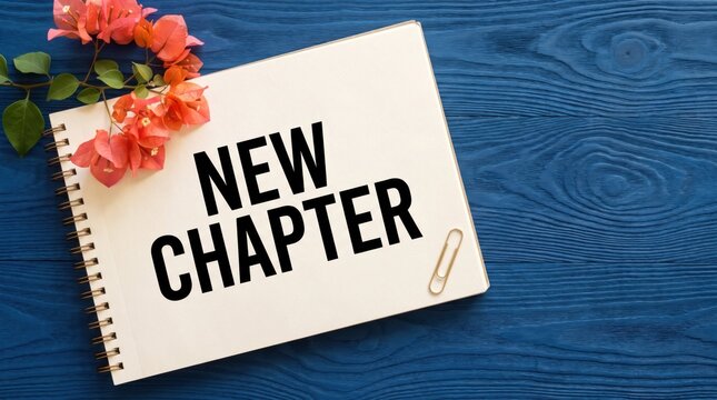 New chapter in life with flowers and notebook on wooden desk