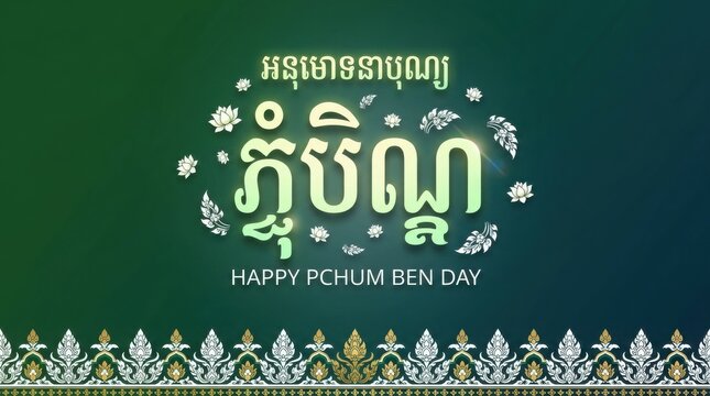 Happy pchum ben day greeting card with traditional khmer floral patterns and elegant typography on green background