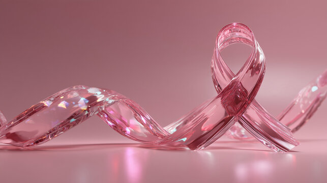 Pink ribbon constructed from translucent glass, elegant soft reflections, isolated on a pale pink gradient background, positioned toward the lower right, enormous negative space