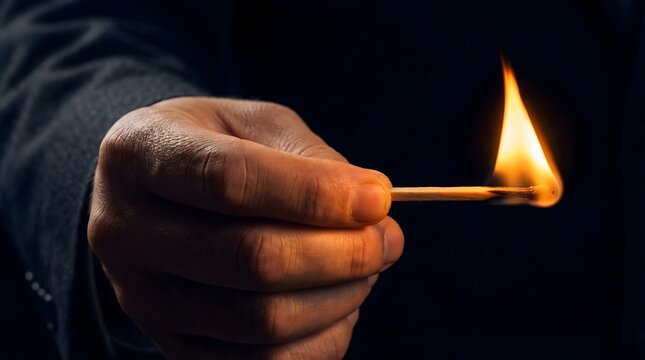 Burning matchstick held by hand in dark, glowing flame on wooden match, businessman holding fire for inspiration and startup concept