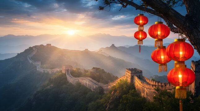Scenic view of the great wall of china with red lanterns celebrating national day in october
