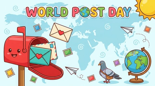 World post day celebration with cute mailbox, globe, carrier pigeon, and letters on a world map background