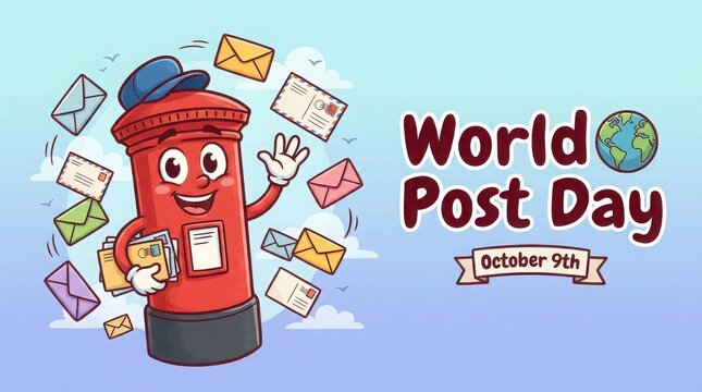 World post day celebration illustration with a cute cartoon mailbox character surrounded by flying letters