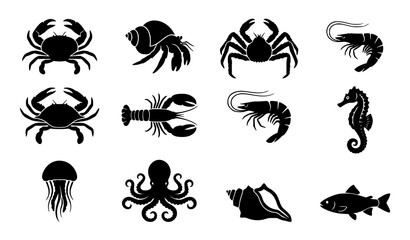 Obraz premium Sea Life and Seafood Silhouette Vector Icon Set with Crab Lobster Octopus and Shells for Restaurant Branding