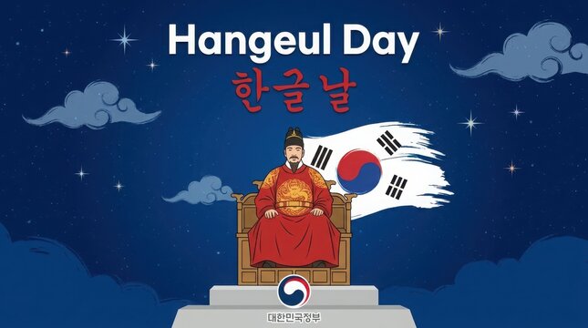 Illustration of king sejong the great sitting on a throne with the south korean flag for hangeul day