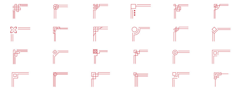 Set of Chinese frame borders art china style. Asian new year decorative traditional borders, oriental red line retro pattern for images frames. Vintage frame border isolated on transparent background.
